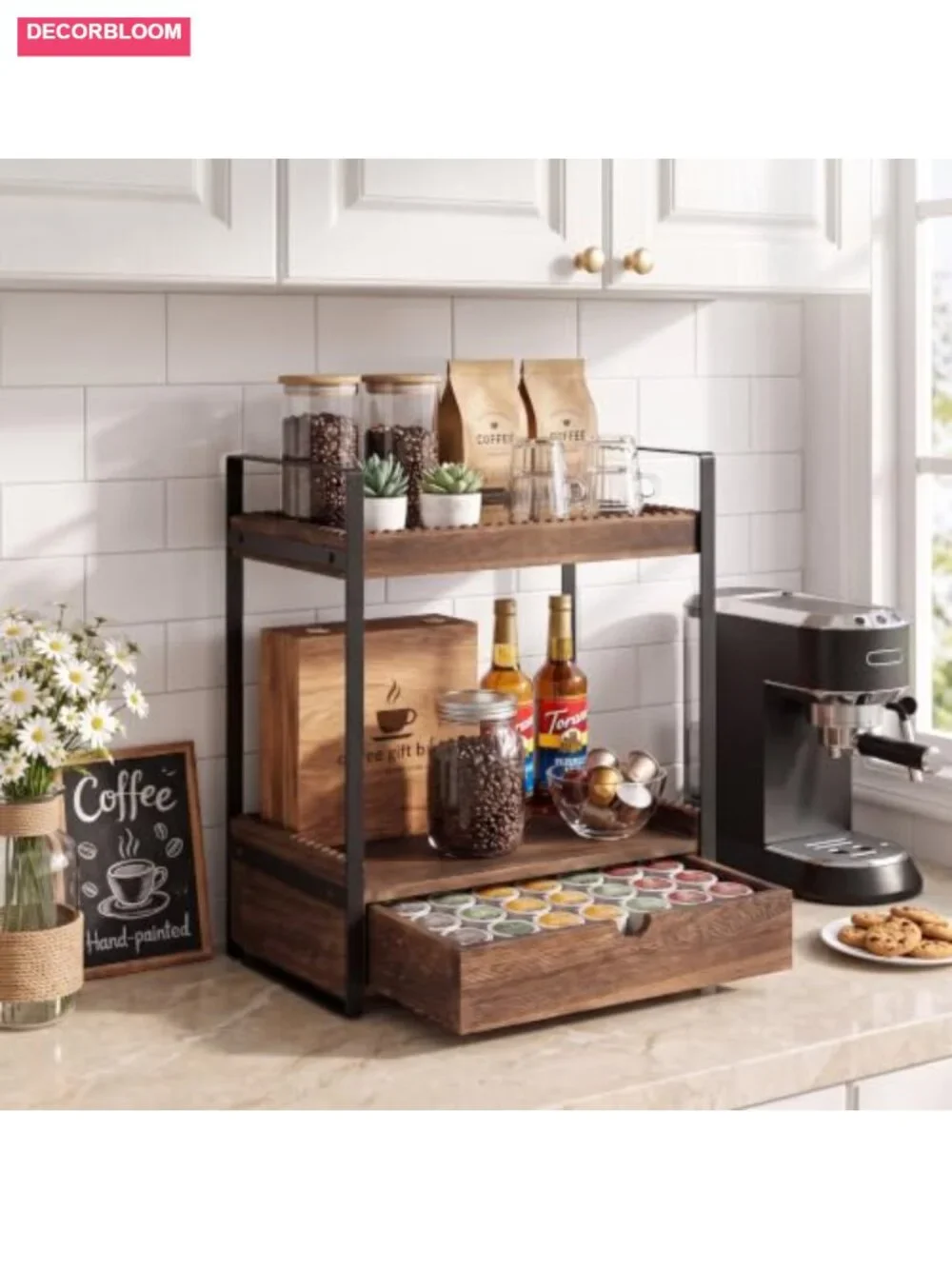 2-Tier Wood Coffee Station Organizer with Drawer Kitchen Countertop Storage